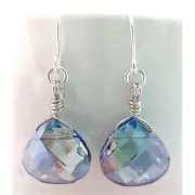 Gray Blue Teardrop Crystal Silver Dangle Earrings