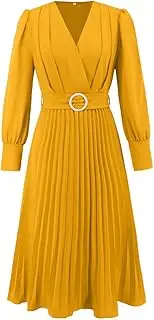 [YGJKLIS] Women's Sexy Deep V Neck Belted Pleated Flounce Long Sleeve Dress Solid Color Business Formal Work A-Line Dress