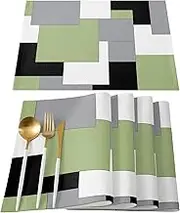 Sage Green Black and Grey Placemats Set of 6,Heat Insulation Table Mats Non Slip Washable Dining Placemats, Modern Art Abstract Table Place Mats for Wedding Holiday Party Kitchen Decor 13x19 in