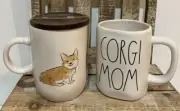 New Rae Dunn Corgi Mom Ceramic Double Sided Mugs W/Paw Print & Corgi Dog On Back