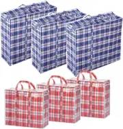 Set of 6 Large & Jumbo Plastic Checkered Laundry Bags with Zipper and Handles fo