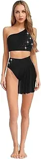 [Vxuxlje] Womens Sparkly Rhinestone Lyrical Dance Outfits One Shoulder Crop Top With Skirted Briefs