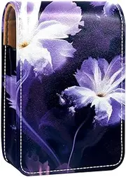 Lipstick Case,Leather Lip Gloss Lipstick Organizer with Mirror,Mini Lipstick Holder Bag,Flowers Abstract Purple Pattern