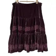 BCBGMaxAzria Tiered Velvet Peasant Skirt Size 8 Maroon Embroidered Knee Length