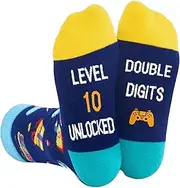 [Onperpoe] 10 Year Old Funny Socks Birthday Gift Socks for 10 Year Old Boys Level 10 Unlocked Double Digits Fun Socks Knitted Casual Sports Kids Socks Gifts for 10 Year Olds Girls Boys, blue, One Size