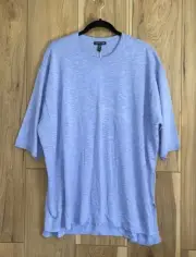 Eileen Fisher Blue Crew Neck Half Sleeve Side Slits Tunic Top Size L Linen Blend