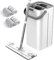 Mop and Bucket Set with Wringer, White Flat Mops for Floor Cleaning, Wall Cleaner with Long Handle, Hardwood Floor Mop with 4 Microfiber Pads