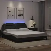 King Size Bed Frame with LED Strip Lighting - Sleek Black Faux Leather, 183x203 cm, Modern Design with Plywood Slats, Elegant Headboard, USB Powered LED, Mattress Not Included