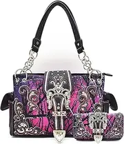 [WESTERN ORIGIN] Camouflage Crown Buckle Western Style Purse Floral Shine Glow Country Handbag Women Shoulder Bag Crossbody Wallet Set