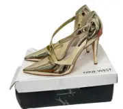 Nine West Pumps Gold Metallic Flier 3 Cloud 8M Heels Strappy New