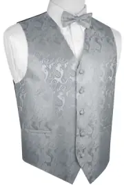MEN'S SILVER PAISLEY FORMAL DRESS TUXEDO VEST & BOW-TIE SET. WEDDING PROM