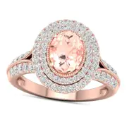 Oval Morganite and 0.63 CT. T.W. Natural Diamond Double Frame Split Shank Ring in Solid 10K Rose Gold