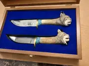 Bob Dill Custom Handmade Pair Of Lynx Carved Stag Knives In Walnut Display