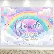 LGhtyro On Cloud 9 Birthday Backdrop 7Wx5H for Girls Rainbow Pastel Cartoon Cute Starry Sky Colorful Polyester Fabric Photography Background Decoration 9th Bday Party Fabric Photo Shoot Studio Props