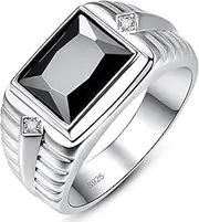 [Yaresul] 5.3ct 8X10mm Rectangle Cut Black Onyx Ring for Men Obsidian Ring for Men Paved White Cubic Zirconia 925 Sterling Silver Rings for Men Wedding Ring Engagement 11mm Bands Size 6-12