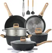 16PCS Pots and Pans Set Non Stick Cookware Set Nonstick with Cooking Set (black,