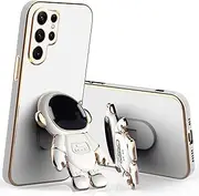 Personalized Creative TPU Phone Case with Cute Astronaut Foldable Stand, for Samsung Galaxy S23 S22 S21 S20 Ultra Plus FE Protective Cover, Full Wrap-Around Drop-Proof Shell(White,S21 Plus)