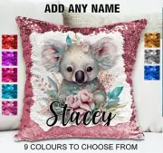 Koala Cushion Cover Throw Pillow Reversible Sequins Personalised Mum & Baby