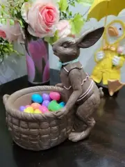 FAUX CHOCOLATE EASTER BUNNY RABBIT BASKET EGGS STATUE FIGURINE TABLETOP DECOR