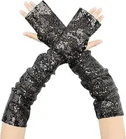 [Elerevyo] Women's Sequin Sparkly Arm Warmers Extra Long Gloves Fingerless Arm Sleeve for Party