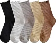 [zrylibya] Women Cute Ruffle Frilly Slouch Ankle Socks Solid Color Thin Casual Crew Socks 5 Pairs