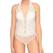 B.tempt’d by Walcoal White Lace Halter Plunge Neck Bodysuit Size Large NWT