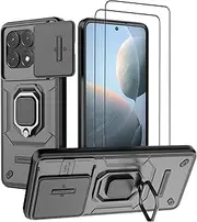 DERHAN Case for POCO X6 Pro, Armoured Case with Protective Film [Pack of 2] + Slide Camera [Camera Protection], Protective Case, Shockproof Mobile Phone Case with Ring Stand - Black