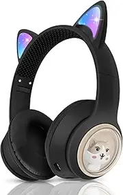 Bluetooth Cat Ear Headphones, Foldable Ear LED Light Child Wireless Headphones with Microphone and LED Light for Child, Compatible with Mobile Phones PC Tablet (Black)