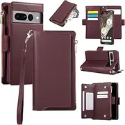Wallet Case for Google Pixel 7A,Zipper Pocket Magnetic [Detachable] Flip Leather Cover with 6 Card Slots and 1 Cash Slot,[RFID Blocking] Case with Wrist Strap and Lanyard for Woman/Man(Wine red)