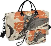 [ZRYSMY] Samurai Cat Japanese Duffel Bag for Traveling, Travel Bag Gym Bag, with Multiple Interior Pockets Shoulder Weekender Bag for Women Men with Toiletry Bag 20.5L x 1.9W x 13.8H, Multi-Colored, one