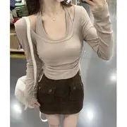 Set: Halter Neck Plain Crop Top + Long-Sleeve Scoop Neck Drawstring Slim Fit Tee Set of 2 - Top & T-Shirt - Light Coffee - L