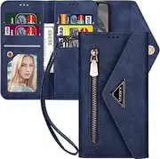 KUDEX iPhone SE 2020 Case with Card Holder,iPhone 8 Wallet Case, Envelope Design Leather Flip Folio Magnetic Folding Protective Purse Case with 7 Cards Slot Zipper Pocket Strap for iPhone 7(Blue)