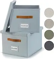 ZICOTO Decorative File Organizer Box Set of 2 - Collapsible Linen Filing Cabinets w/Handles Are Perfect to Store all Your Documents & Hanging File Folders - Portable Easy Slide Crates with Lid