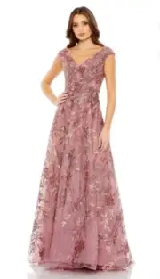 BHLDN Anthropologie Mac Duggal Illusion Cap Sleeve Gown Beaded Embroidery 16 NWT