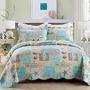 YAYIDAY Quilt King Size Bedspread Set - 100% Cotton Reversible Breathable Star Fish Coral Shell Style Quilted Quilt with Pillow Shams for All Seasons