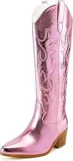 [STALOV] Metallic Cowboy Boots for Women, Western Embroidery Cowgirl Boots, Pointed Toe Pull-on Knee High Boots