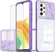 [Asuwish] Phone Case for Samsung Galaxy A23 5G/4G with Tempered Glass Screen Protector Cover and Camera Cover Slide 360 Full Body Protection Slim Clear Bumper Cell Accessories A 23 23A 6.6 Women Purple