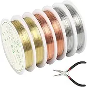 6 Rolls Jewelry Beading Wire, 0.4 mm Copper Wire Silver/Gold/Rose Gold Bare Tarnish Resistant Crafts Wires with Cutting Pliers Wrapping Jewelry Beading Wire for DIY Jewelry Beading and Craft Making