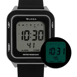 JAGA 捷卡 / 方型電子 計時 鬧鈴 冷光照明 矽膠手錶 黑灰色 / M1232-A / 36mm