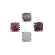 Square Shape Checker Cut Mix Stones Brass Silver Plated DIY Connectors Lot 4 Pcs