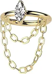 [Pierced Owl] 16GA ASTM F-136 Implant Grade Titanium Outward Facing CZ Crystal Marquise with Double Dangling Chain Hinged Segment Clicker Ring