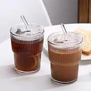 Piashow Pack of 2 Drinking Cups with Lid and Straw, Bubble Tea Cups, Matcha Glass, Coffee Glasses, Glass Cups, Smoothie Cups for Iced Coffee, Matcha, Cocktails, Juice, Cappuccino, Latte, Tea (450 ml)