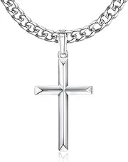 [Kakonia] 925 Sterling Silver Cross Necklace for Men With Stainless Steel Silver Cuban Chain Cross Pendant Necklace for women Religious Jewellery 18" 20" 22" 24"