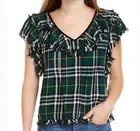 Faherty Yosepha Ivy Green Plaid Blouse Short Sleeve Fringe Preppy Peasant Medium