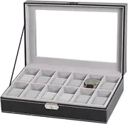 [HieoAnir] Watch Box for Men, 12 Slots Leather Watch Display Case Organizer Watch Holder, Glass Top (Black)