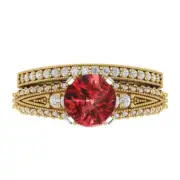 2.1ct Round Cut Pave Natural Red Garnet Promise Bridal Band set 14k 2 Tone Gold