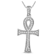 L U DIAMONDS 10K White Gold Mens Diamond Ankh Cross Charm Pendant 1/5 CT