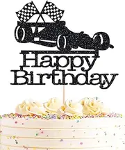 AHAORAY Race Car Cake Topper - Black Glitter Race Car Birthday Cake Decorations - Car Themed Happy Birthday Party Cake Decorations, Photo Booth Props