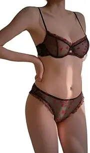 [BORNLIZWAY] Women's Sexy French Unlined Sheer Mesh Bra and Panty Set – Hollow Lace, Lightweight, Soft & Breathable Lingerie