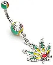 [Pain-is-Art] JAMAICAN POT LEAF Navel Piercing 316L Surgical Steel Clear Crystals Navel Piercing
